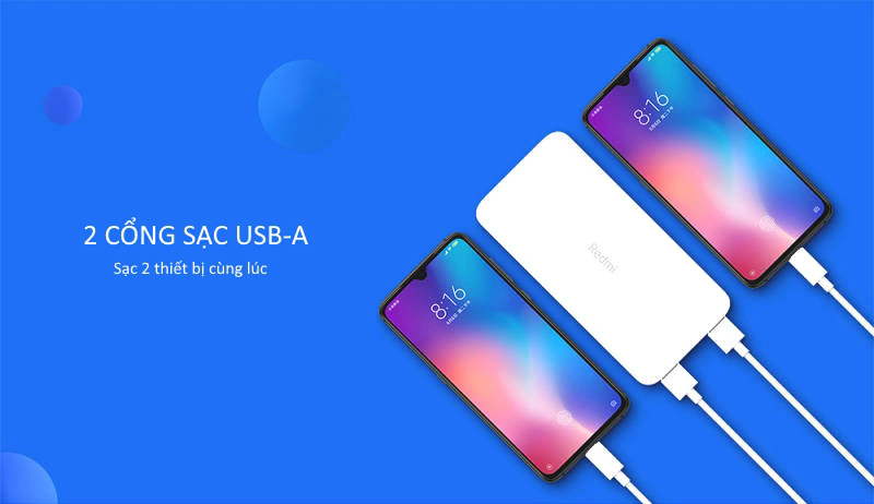Sạc Dự Phòng Xiaomi Redmi PB100 có khả năng sạc 2 thiết bị cùng lúc